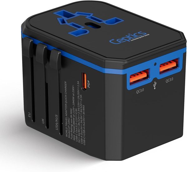 Ceptics International Power Adapter, World Travel adapter w/ PD 30W USB-C - 2 USB-A Ports Universal Adapter, Type A C G I Output for worldwide use, UP-10KU