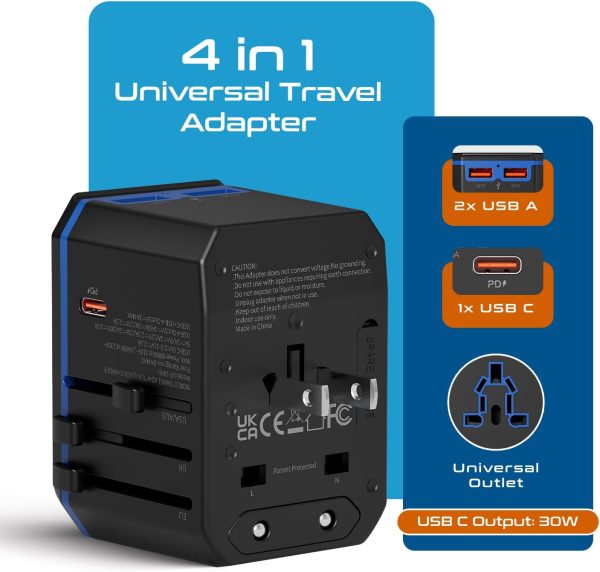 Ceptics International Power Adapter, World Travel adapter w/ PD 30W USB-C - 2 USB-A Ports Universal Adapter, Type A C G I Output for worldwide use, UP-10KU - Image 2