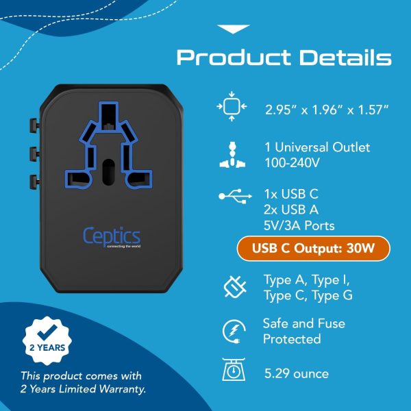 Ceptics International Power Adapter, World Travel adapter w/ PD 30W USB-C - 2 USB-A Ports Universal Adapter, Type A C G I Output for worldwide use, UP-10KU - Image 3