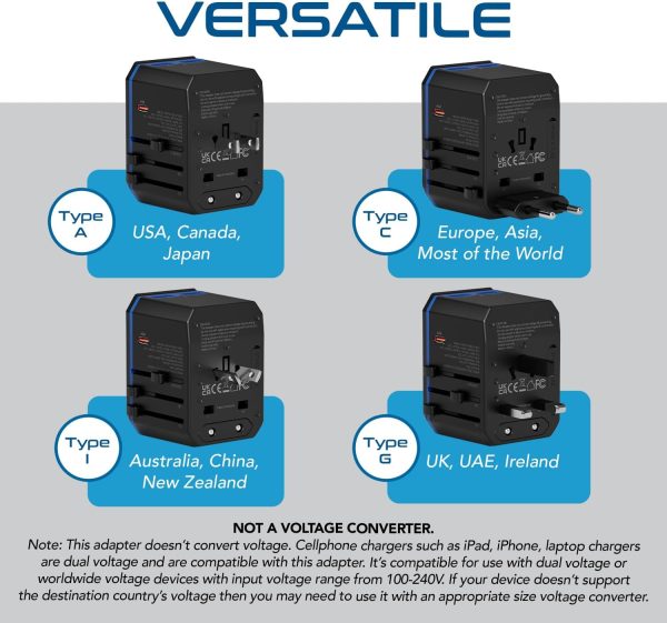 Ceptics International Power Adapter, World Travel adapter w/ PD 30W USB-C - 2 USB-A Ports Universal Adapter, Type A C G I Output for worldwide use, UP-10KU - Image 6