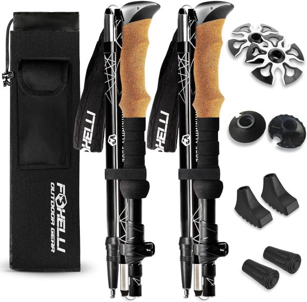 Foxelli Folding Trekking Poles – Lightweight & Compact Collapsible Walking Sticks for Men & Women with Flip Locks & 4-Season All-Terrain Accessories Perfect for Travel