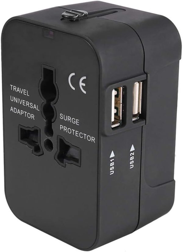 Travel Adapter, Worldwide All in One International Power Adapter Universal Adapter Plug with 2.1A Dual USB Charging Ports for Asia Europe UK AUS and USA (Black)