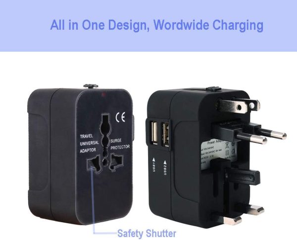 Travel Adapter, Worldwide All in One International Power Adapter Universal Adapter Plug with 2.1A Dual USB Charging Ports for Asia Europe UK AUS and USA (Black) - Image 4