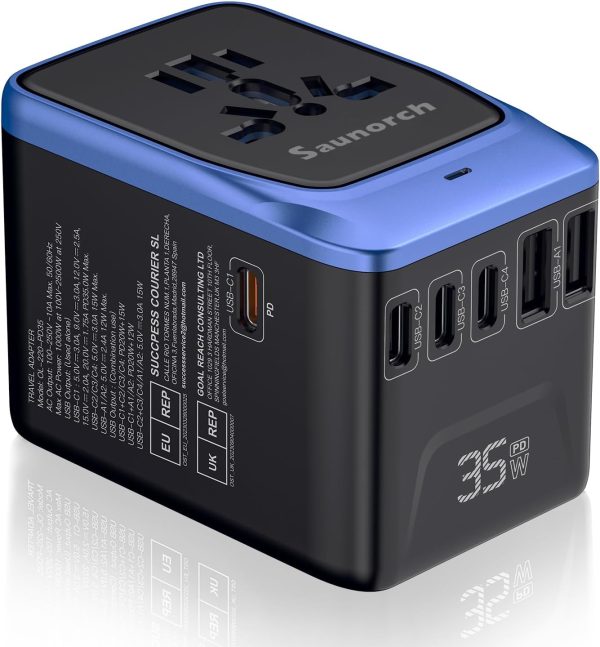 Universal Travel Adapter, PD 35W 7 in 1 International Power Plug Adapter with 7.0A 4 USB-C and 2 USB-A Fast Wall Charger, Worldwide AC Outlet for US Europe UK AUS (Black+Blue)