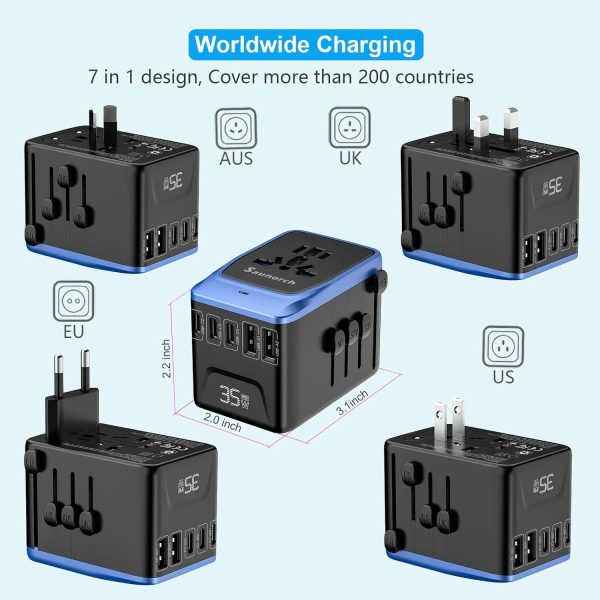 Universal Travel Adapter, PD 35W 7 in 1 International Power Plug Adapter with 7.0A 4 USB-C and 2 USB-A Fast Wall Charger, Worldwide AC Outlet for US Europe UK AUS (Black+Blue) - Image 3