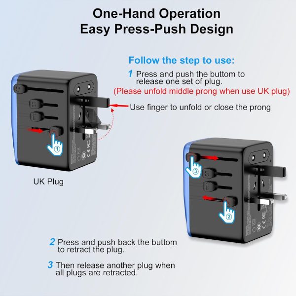 Universal Travel Adapter, PD 35W 7 in 1 International Power Plug Adapter with 7.0A 4 USB-C and 2 USB-A Fast Wall Charger, Worldwide AC Outlet for US Europe UK AUS (Black+Blue) - Image 4